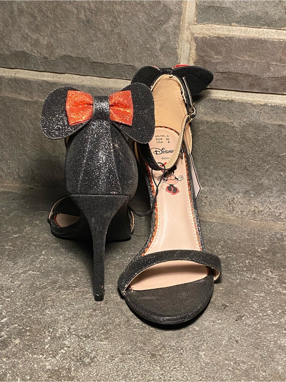 Primark UK,Disney Minnie Mouse stiletto sandals,black sparkle,attached ears/bow